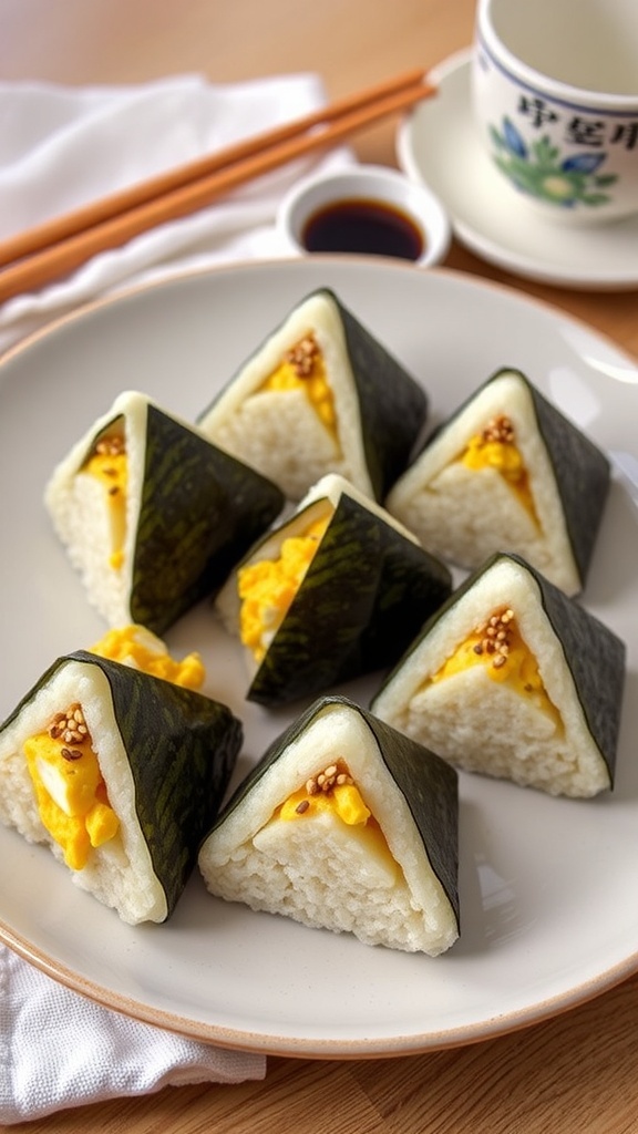Egg Onigiri Recipe A plate of egg onigiri rice balls filled with scrambled eggs, garnished with sesame seeds, served with soy sauce.